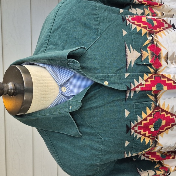 WRANGLER Brush Poplin Green White Snap Aztec Pattern Mens‎ L Western Shirt RARE - Picture 2 of 10